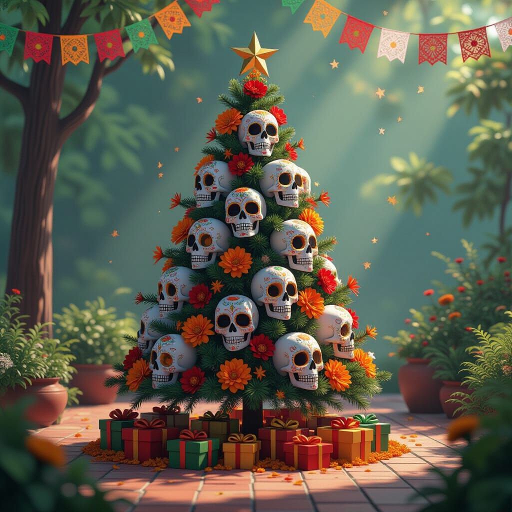 Day of the Dead Christmas Tree in 3D Anime Style