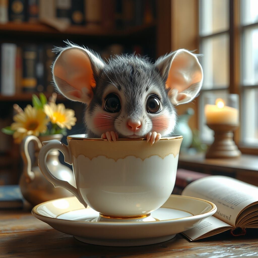 Shy Mouse Peeking from Teacup in Cozy Library