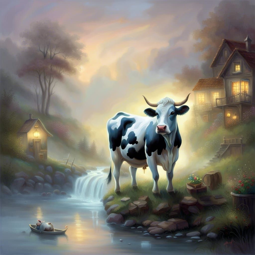 Ethereal Cow Relaxing in a Thomas Kinkade Fantasy