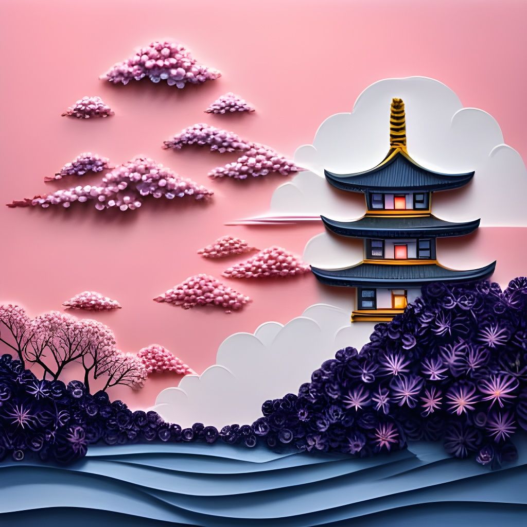 Japanese Temple Sunset in Paper Quilling Style