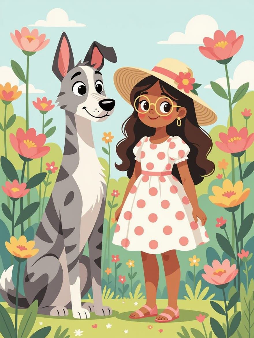 Whimsical Watercolor: Dog and Girl in Surreal Garden