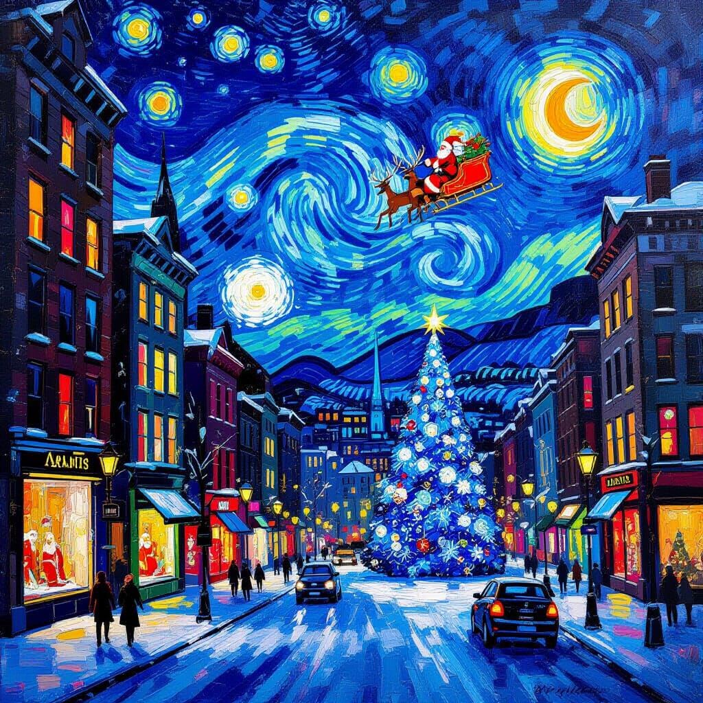 Magical Snowy Manhattan Christmas Night in Van Gogh Style
