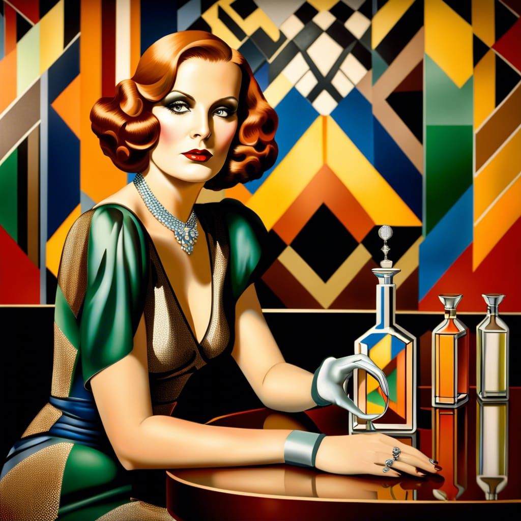 A woman resembling actress Greta Garbo at a speakeasy sitting at a table, revealing a flask hidden in her garter, attach...