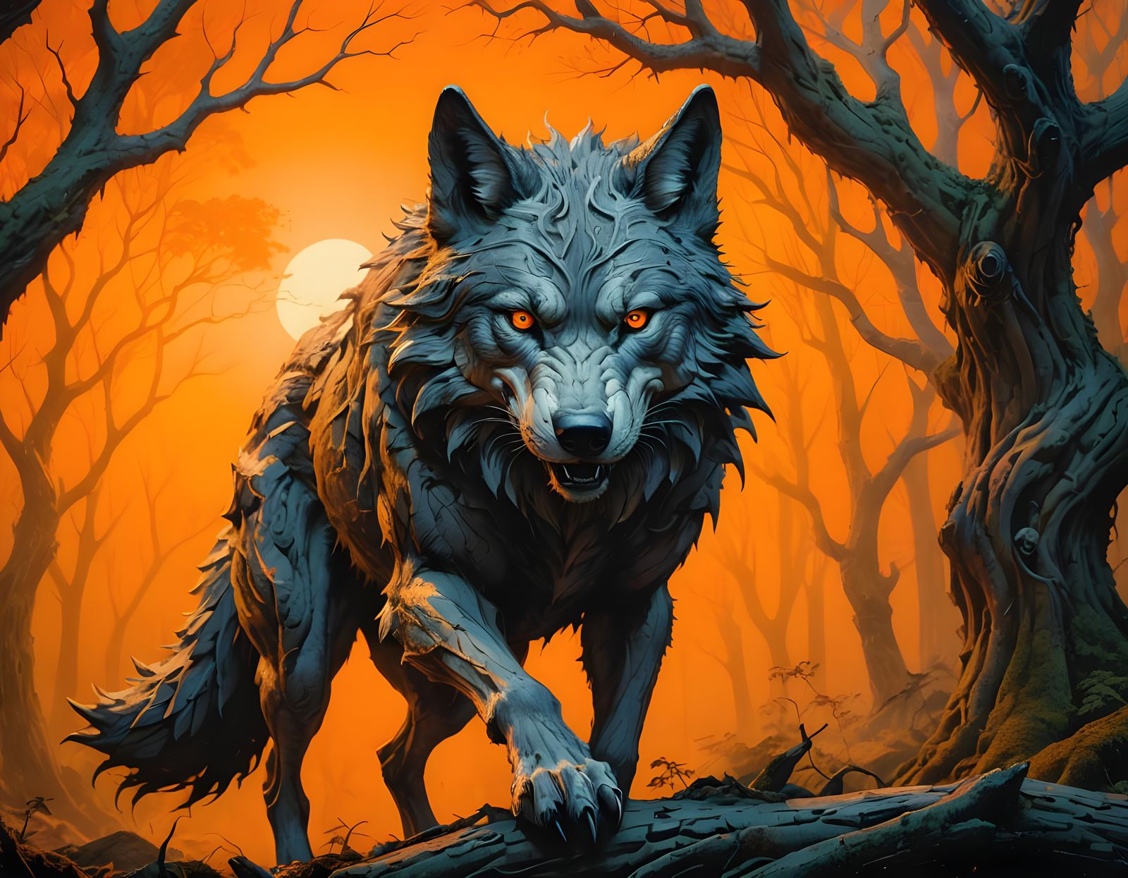 Conniving Wolf Stalks in Haunted Forest at Sunset