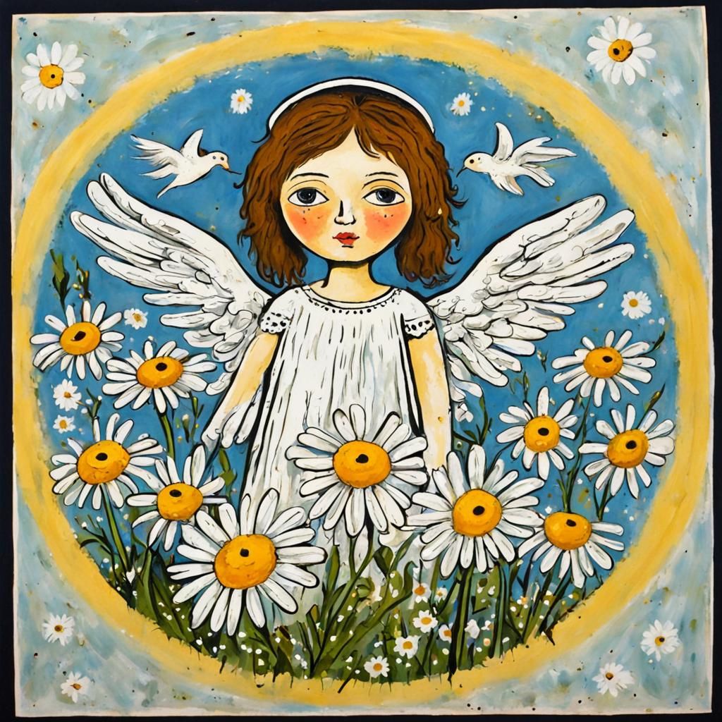 Angel of Daisies in Naive Outsider Art Style
