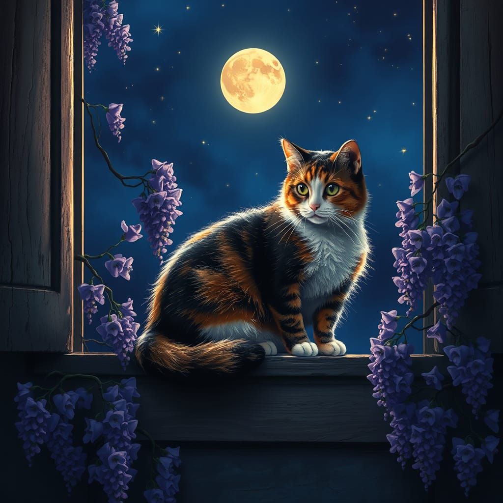Calico Cat on Windowsill Under Wisteria in Fantasy Art Style