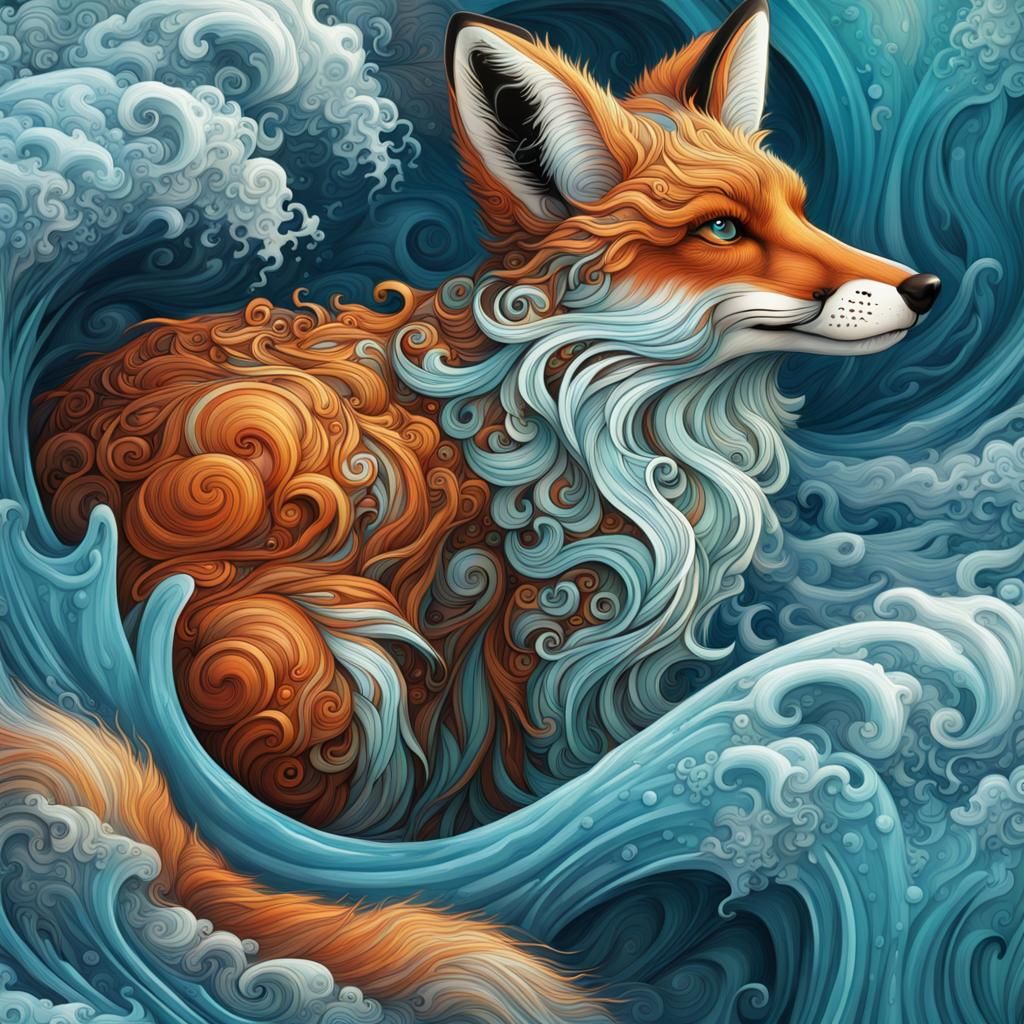 Fox Face Emerges from Turquoise Wave