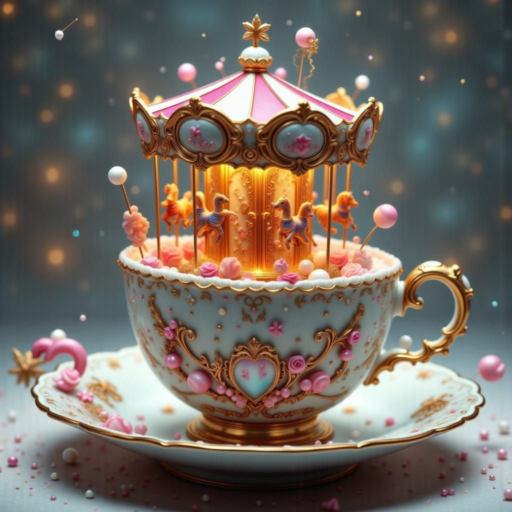 Whimsical Sweet Carousel in Porcelain Teacup