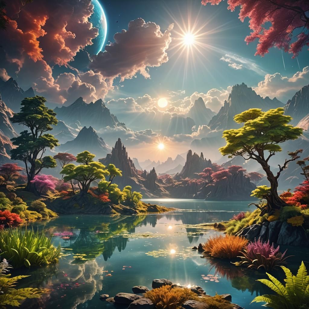 Alien Lake Landscape with Exotic Plants