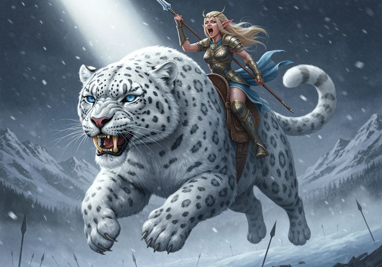 White Snow Leopard Warrior in Watercolor Illustration