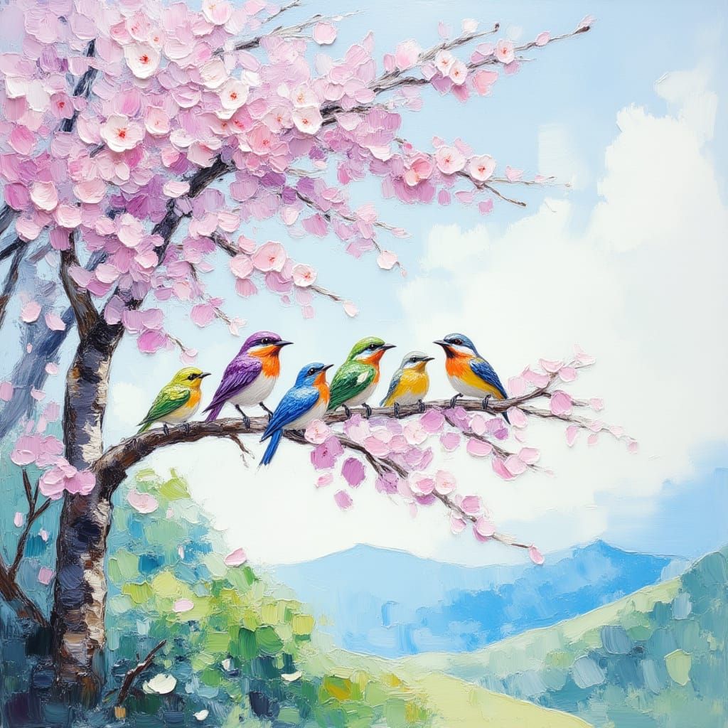 Birds in Cherry Blossom Tree, Japanese Watercolor Style