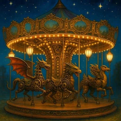 Mechanical Dragons & Griffins Carousel Under Starry Sky