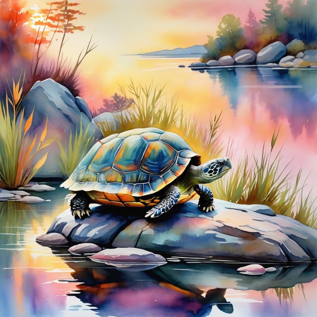 Turtle by Serene Lake in Watercolor Pastel Painting