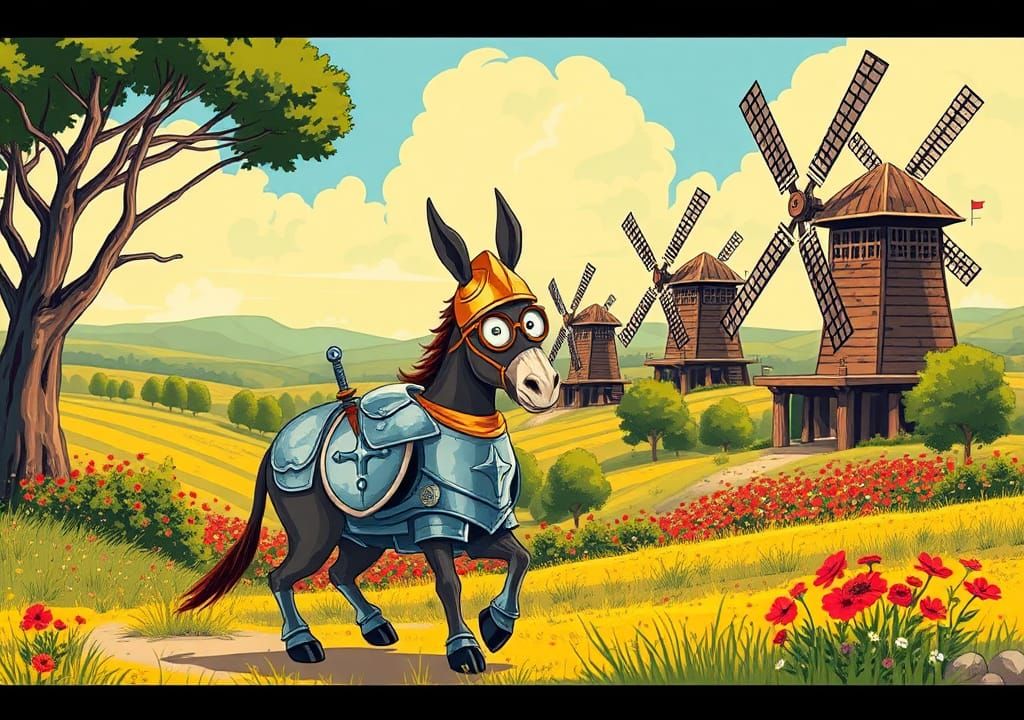 Donkey Knight Errant in Whimsical Cartoon Landscape