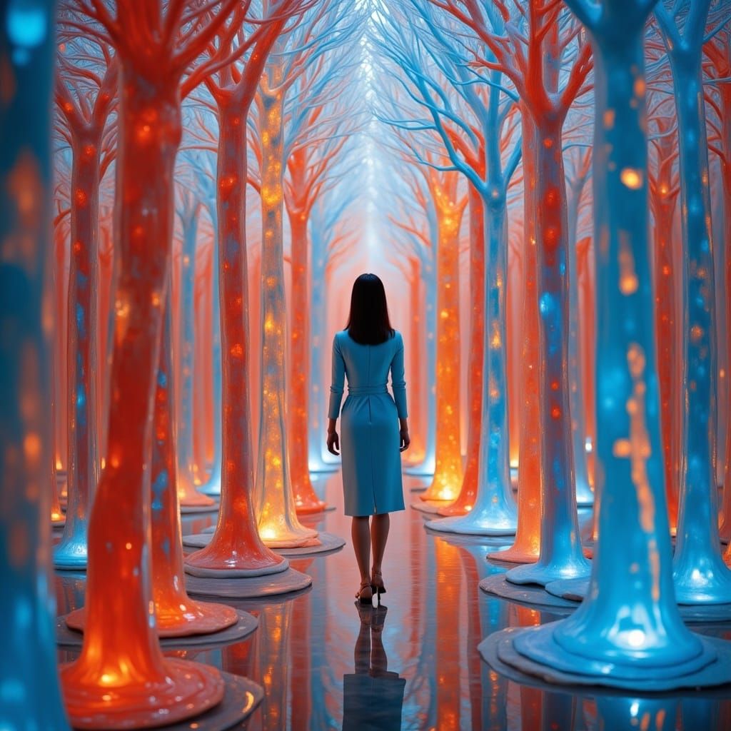 Ethereal Woman Amidst Crystal Holographic Forest