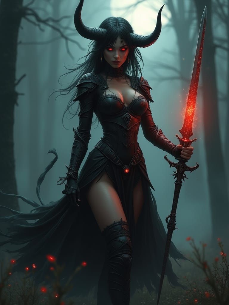 Goddess with Devil Horns in Dark Fantasy Style