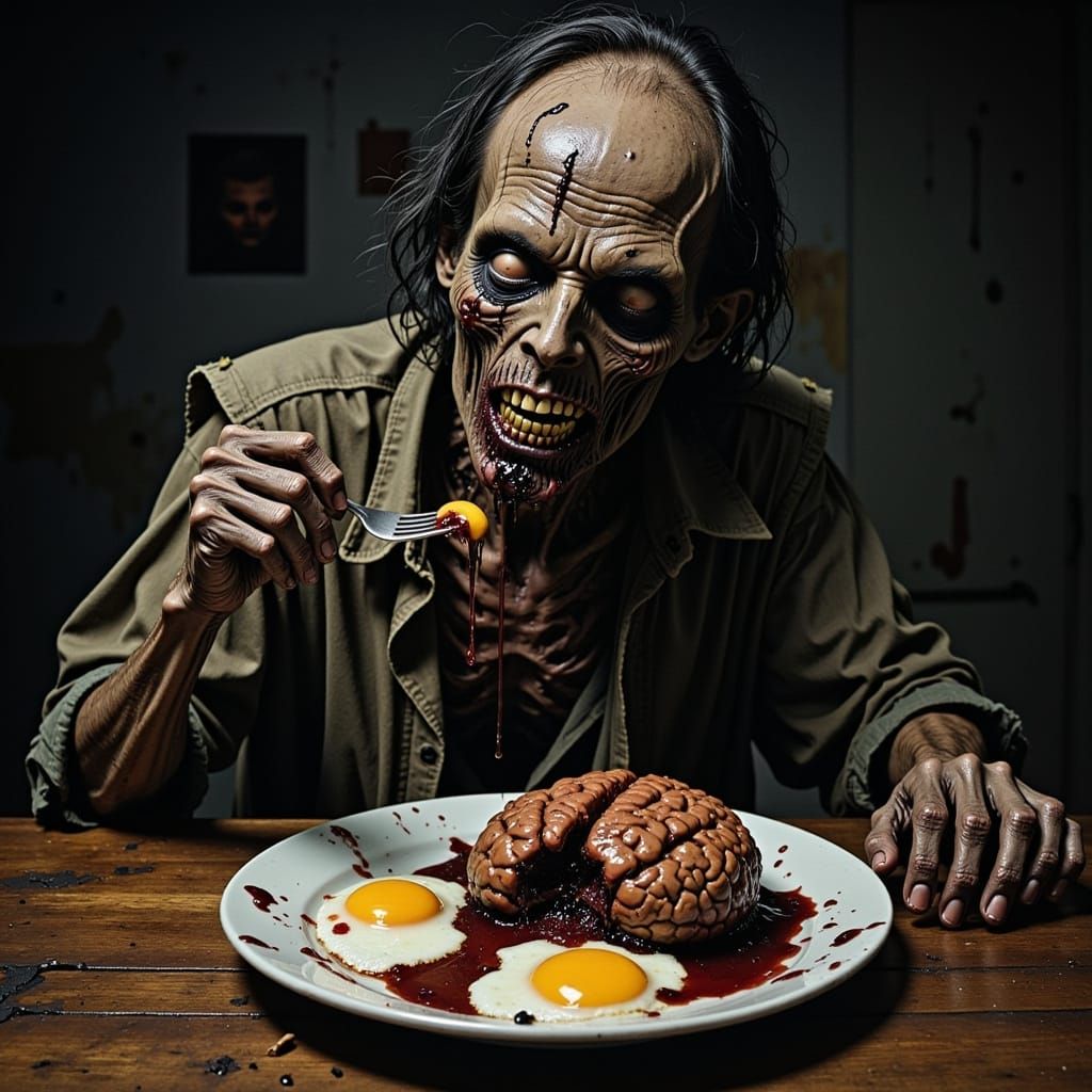 Grotesque Zombie Prepares to Devour a Bloody Brain