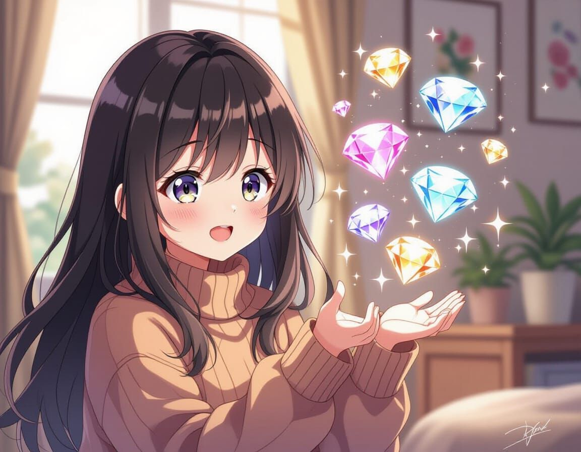Anime Girl with Flowing Hair and Sparkling Diamonds