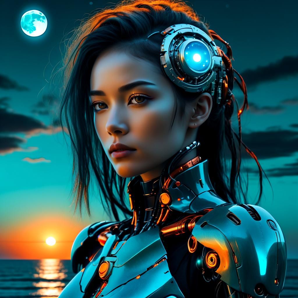 Cyborg Woman in Future Moonlight: Cyberpunk Seascape