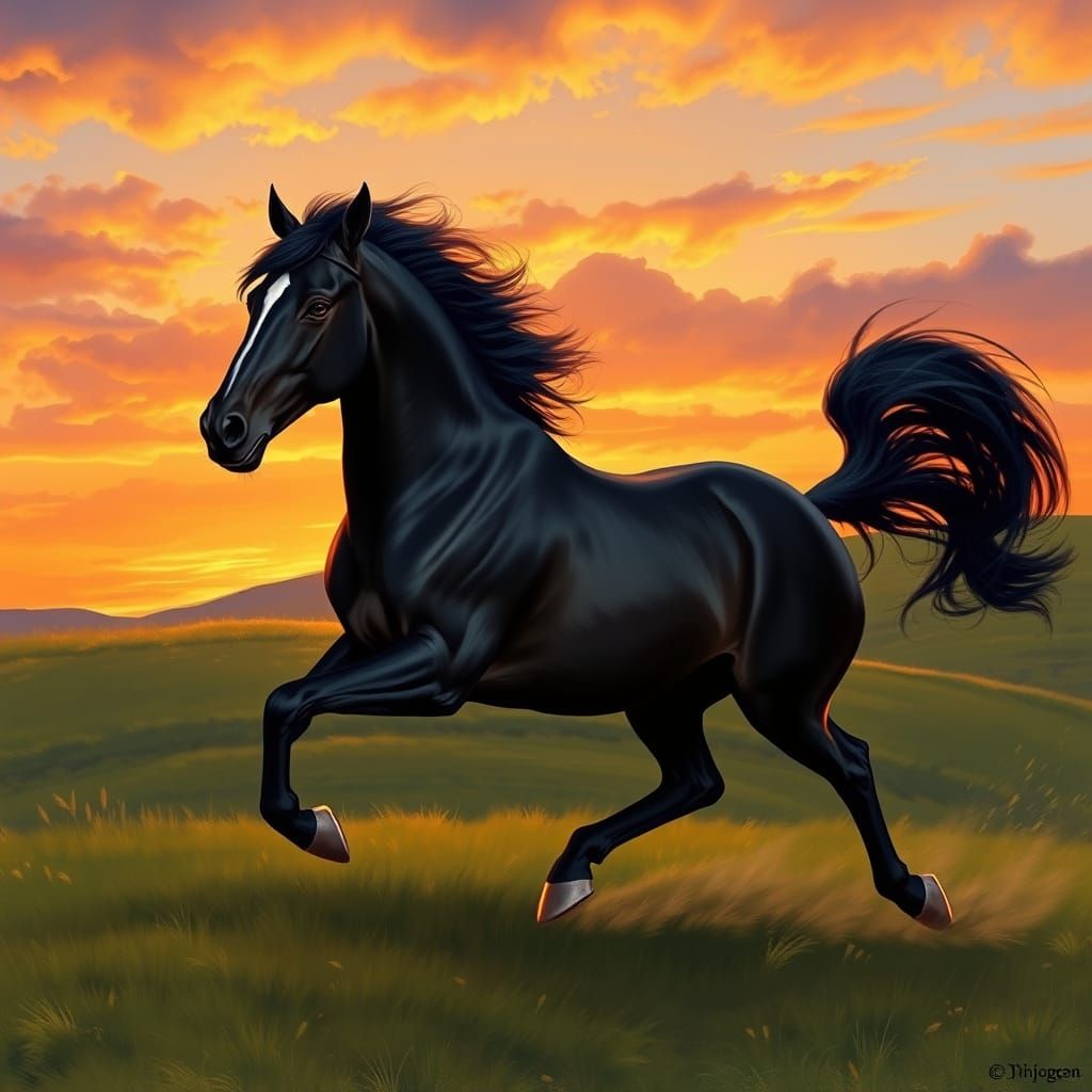 Majestic Black Horse Gallops Against Sunset