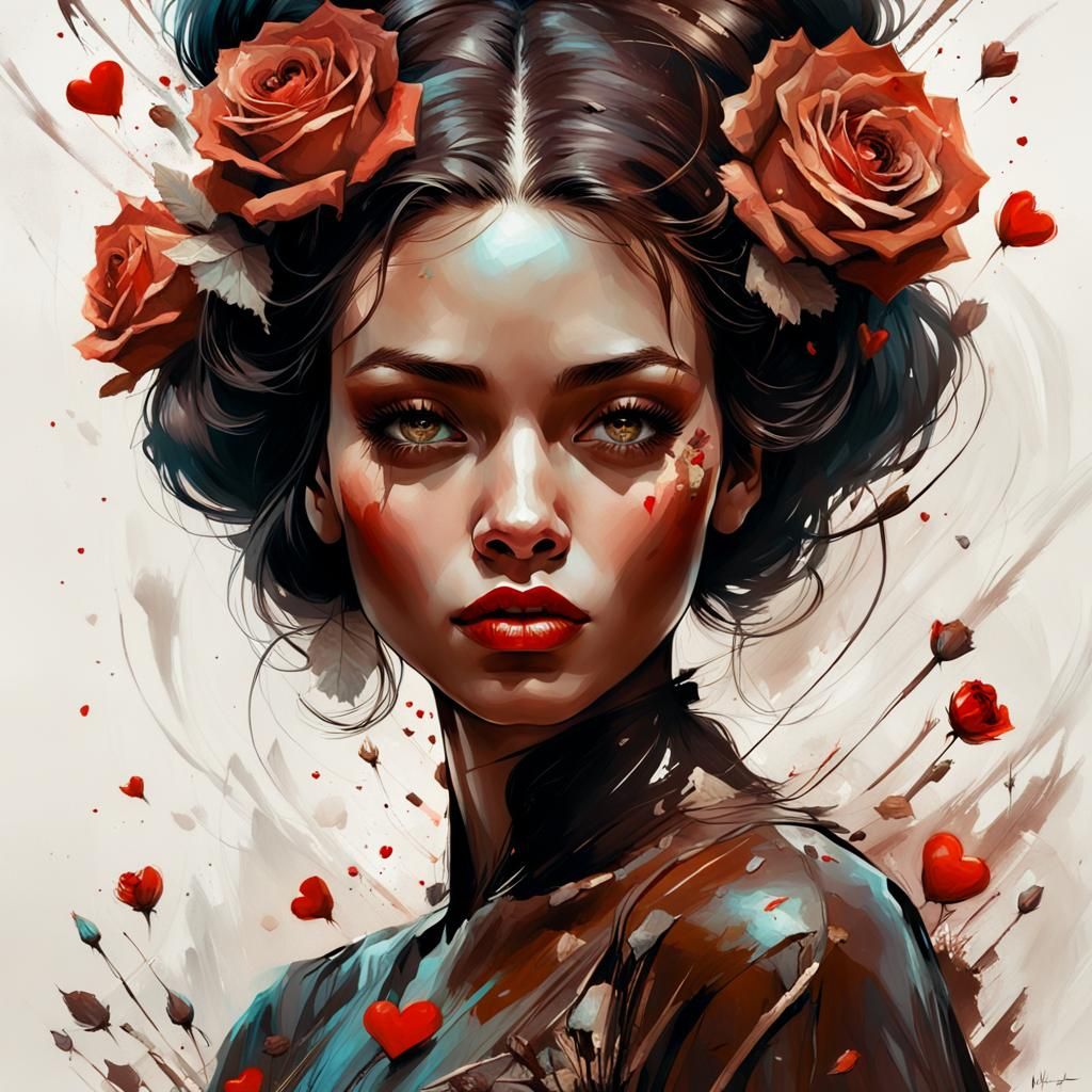 Chocolate Heart Woman with Roses, Digital Airbrush Art