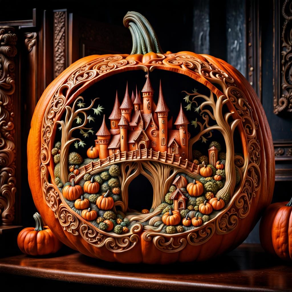 Intricately Carved Pumpkin Depicts Fairytale Kingdom