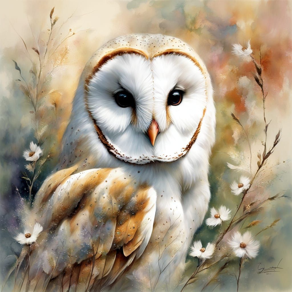 Barn Owl & Mouse in Spring Watercolor Painting
