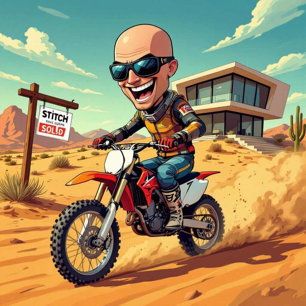 Cartoon Dirt Bike Rider in Desert Landscape