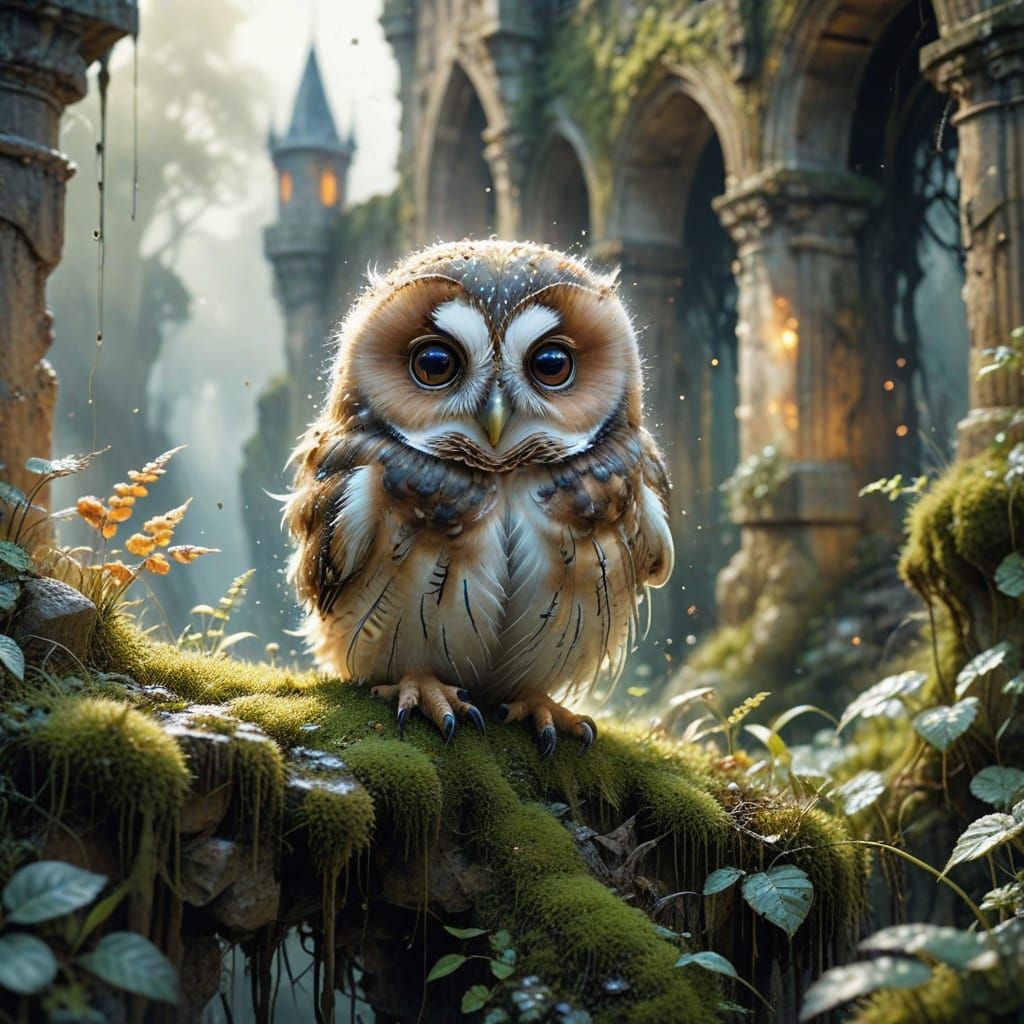 Owlet on Mossy Castle Ruin in Watercolor Style