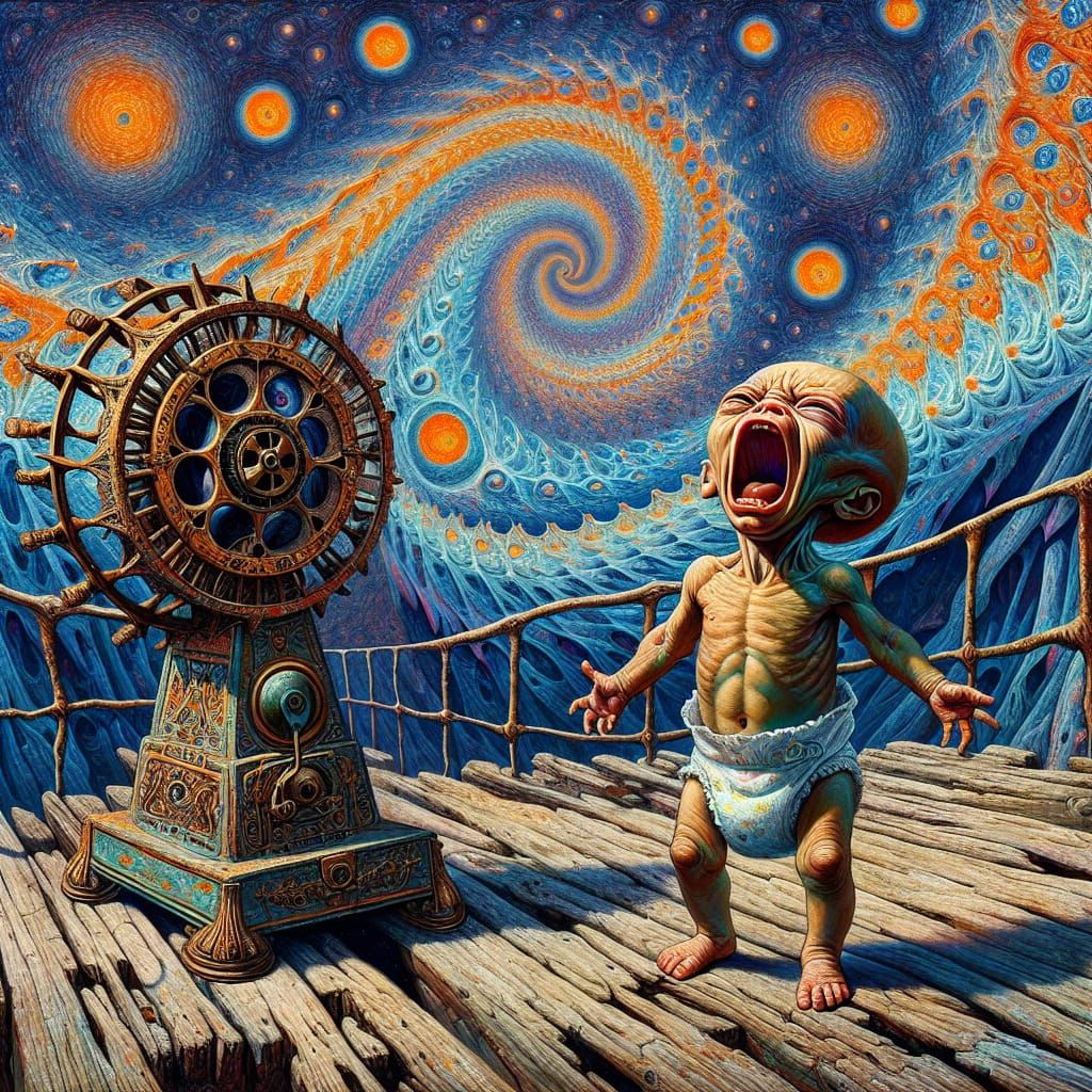 An intensely emotive anthropomorphic screaming baby alien wearing a diaper, reminiscent of Edvard Munch's iconic The Scr...