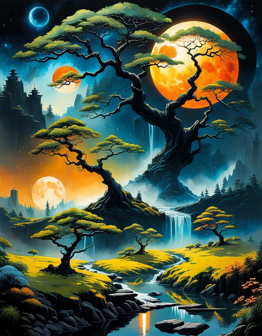 Intergalactic Bonsai Eclipse: Ethereal Splash Art