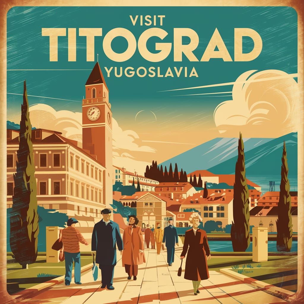 Vintage travel poster: Titograd (present-day Podgorica, Mont...