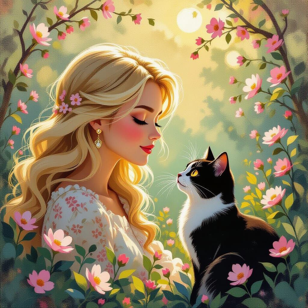 Cherubic Lady & Cat Amidst Glowing Blossoms in Crayon Style