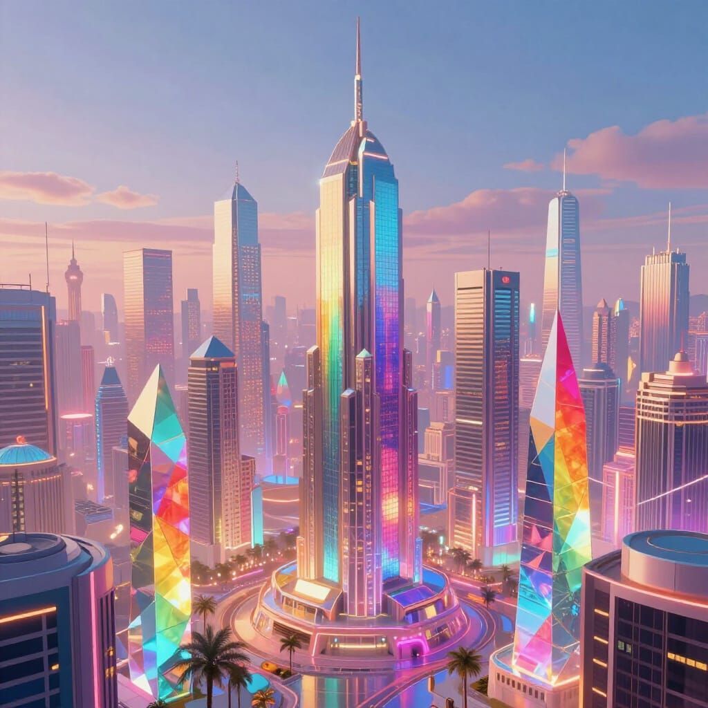 Futuristic Prism City with Rainbow Reflections