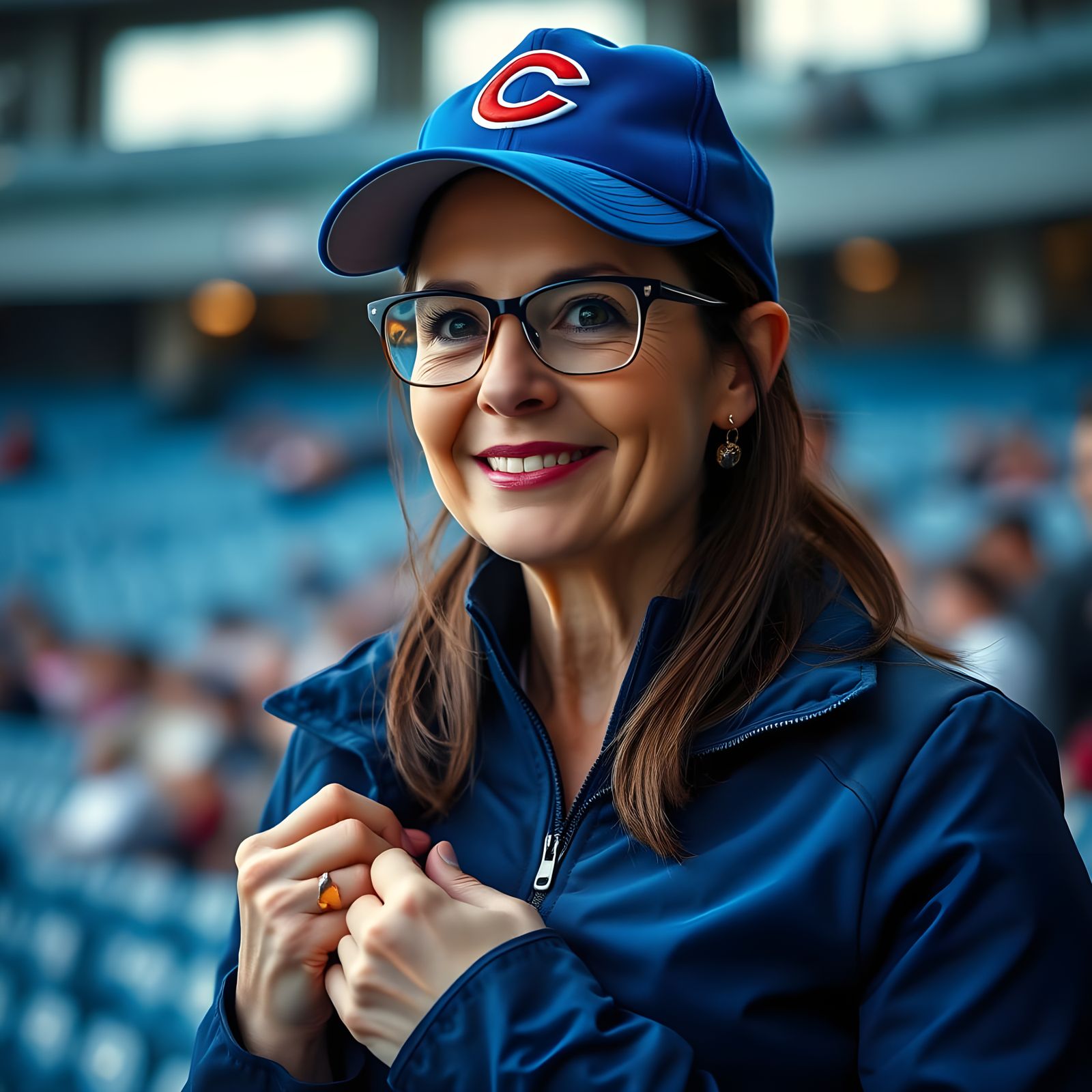 Smiling Woman in Royal Blue Jacket at a Night Game