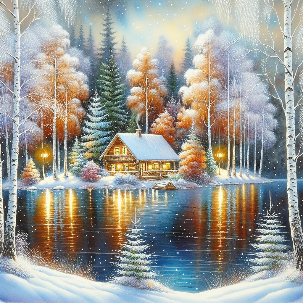 Winter Cabin Retreat in Watercolor Style