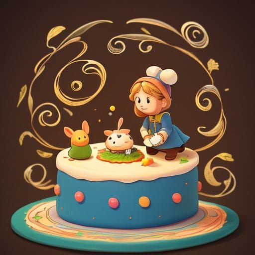 Miniature Chef Decorating Giant Chocolate Cake Illustration