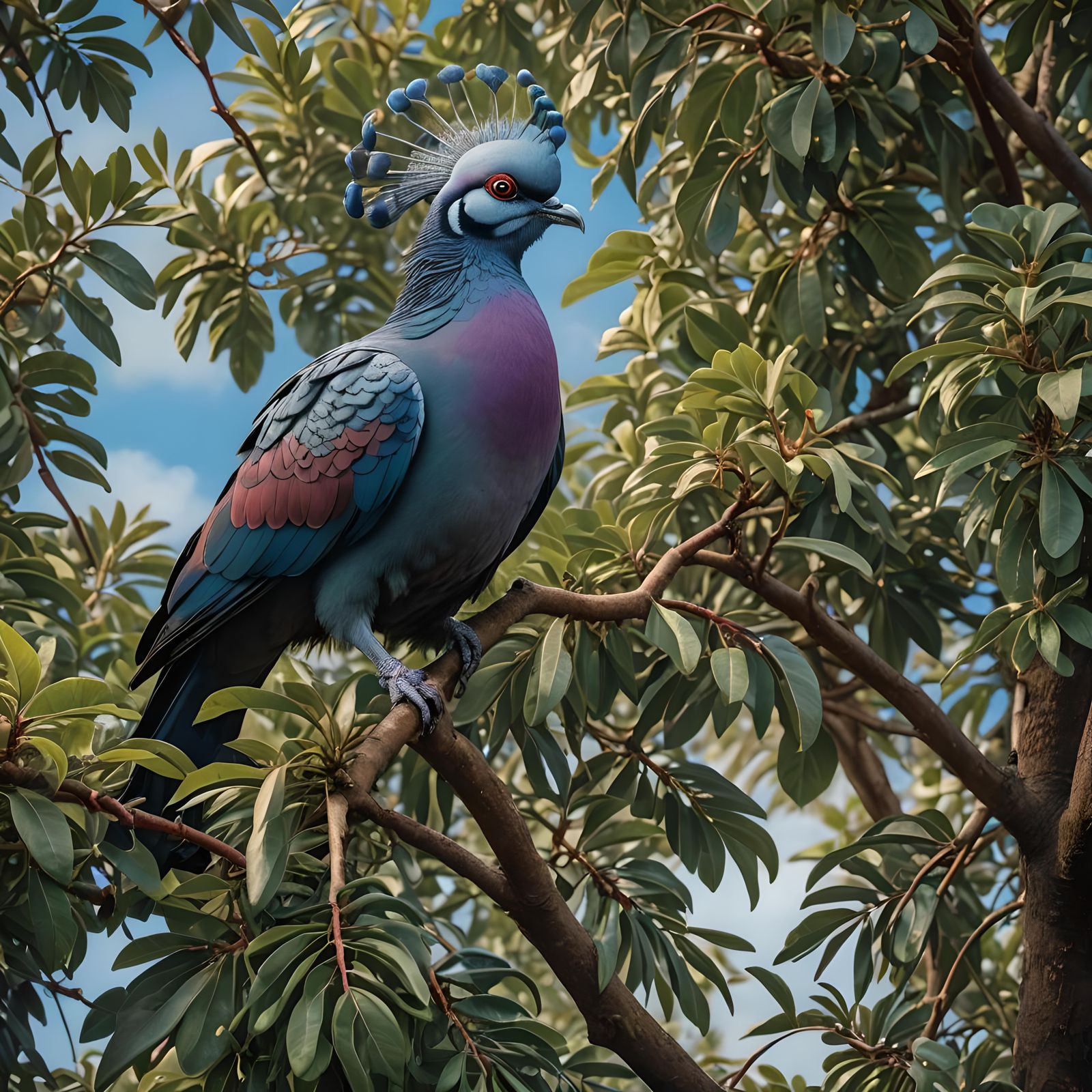 Crowned Pigeon in Avocado Tree: Maximalist Macro Photograph