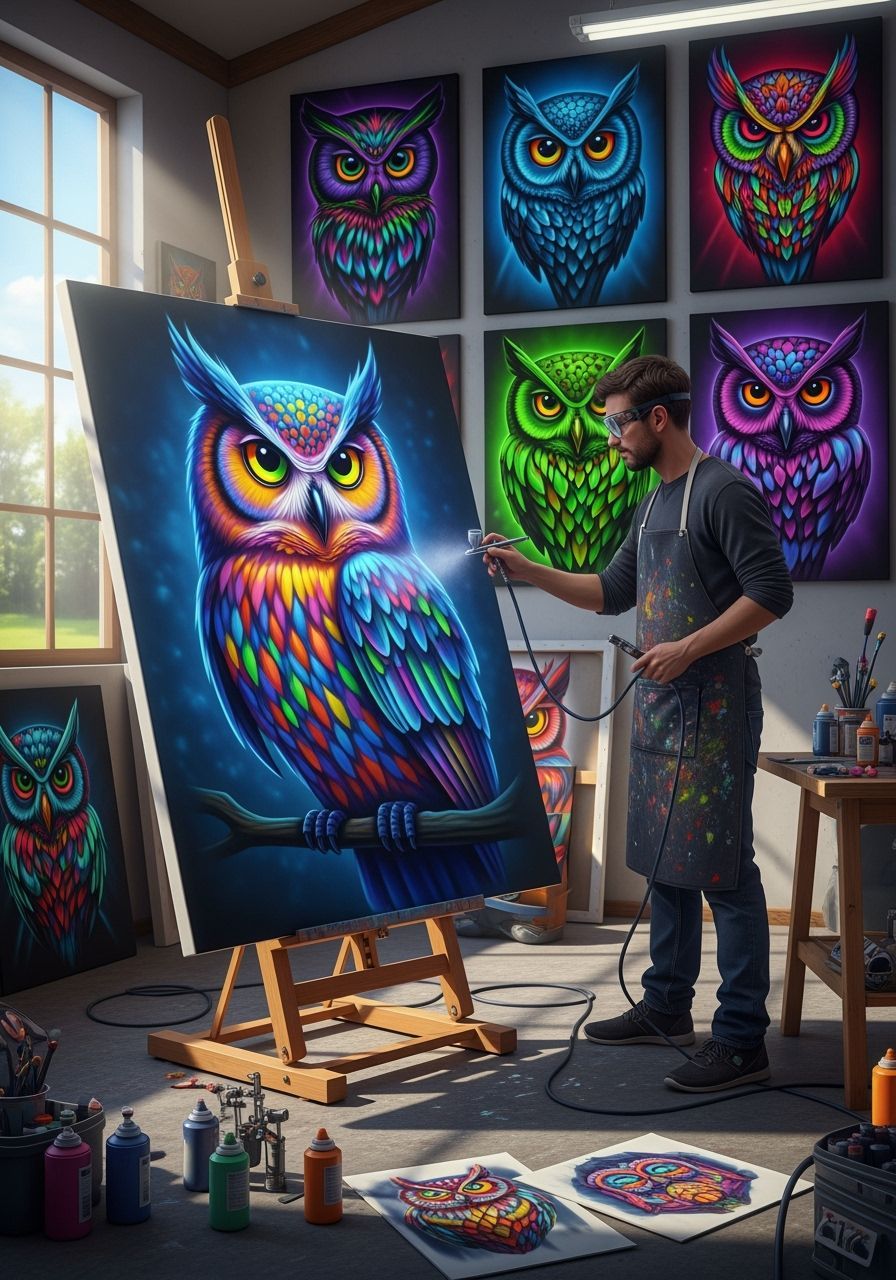 Airbrush Artist Creating a Neon Owl Masterpiece