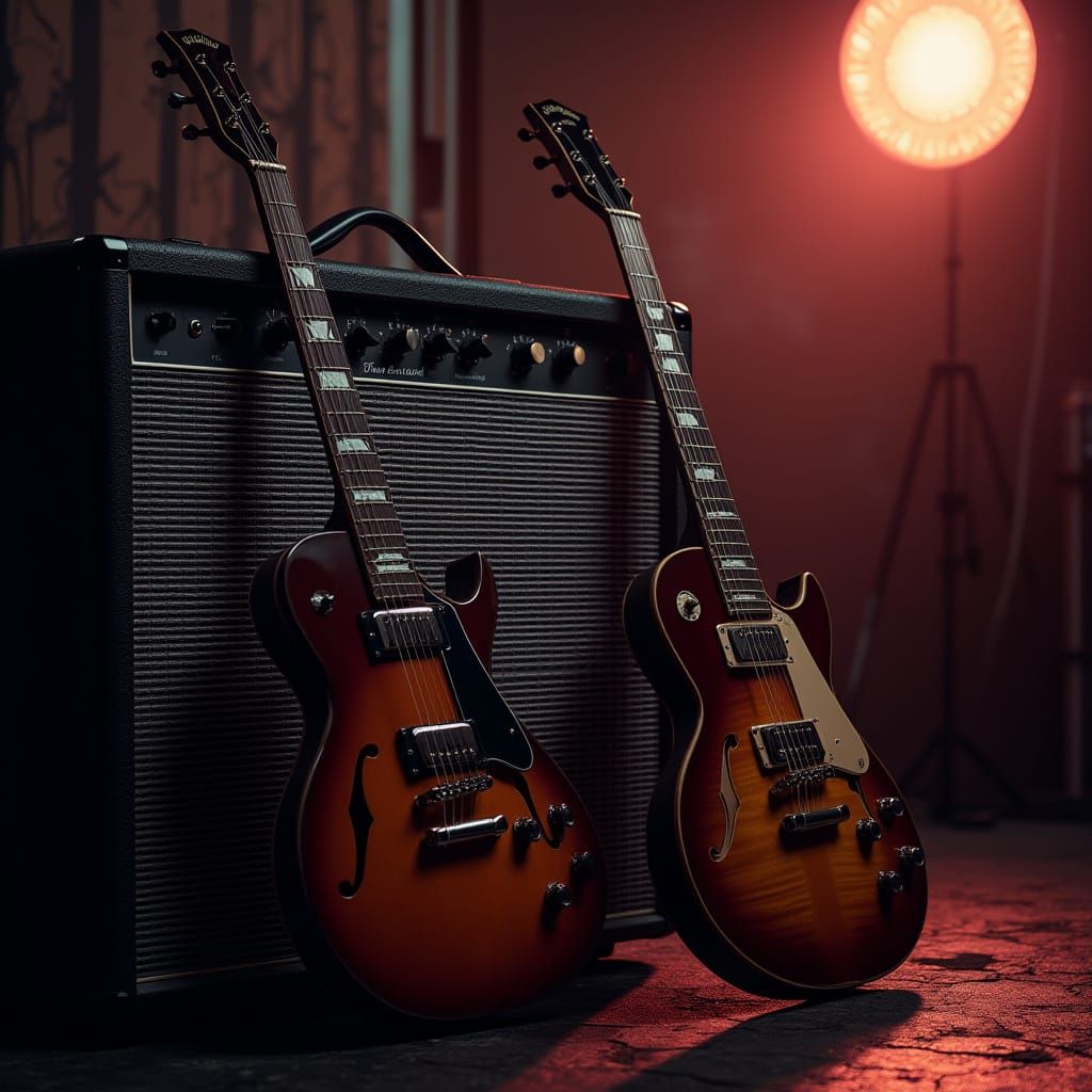 Guitars in Noir Cyberpunk Concert Venue