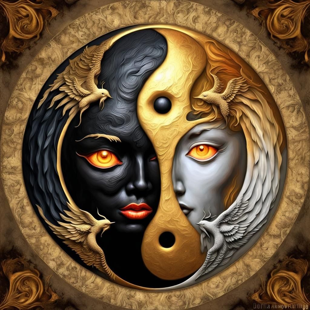 Yin Yang Symbol: Angels, Devils, and Earth in Realism Style