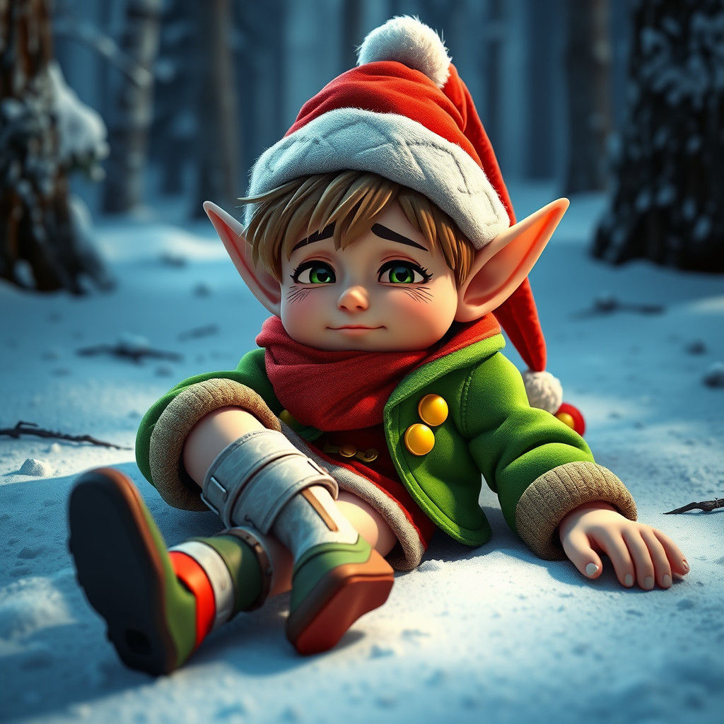 Festive Elf with Broken Leg in 3D Anime Style