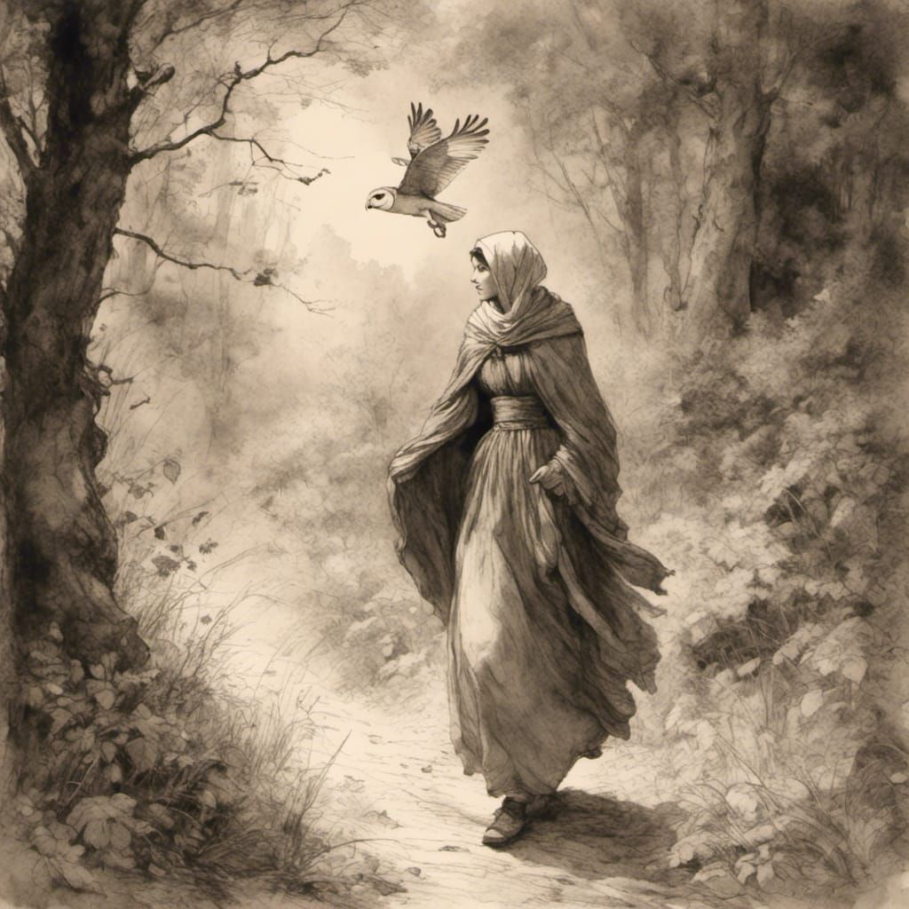 Medieval Woman in Forest with Owl, Sketch Art