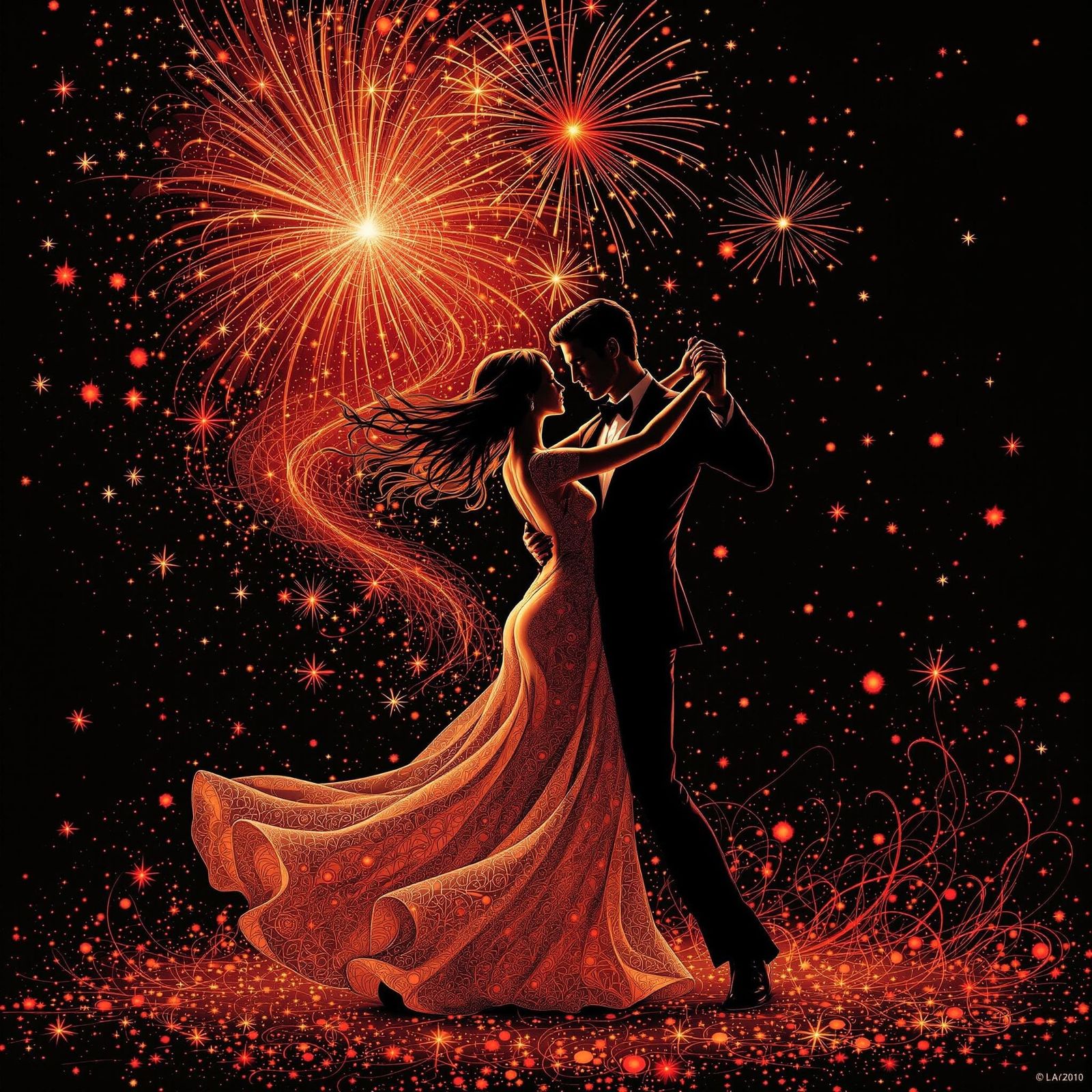Tango Dancers Amidst Fireworks in Abstract Style
