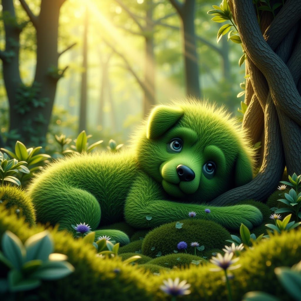 Fluffy Moss Puppy with Wildflower Eyes on Forest Floor