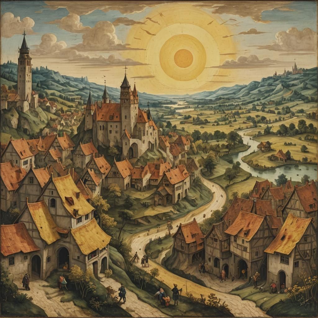 Smiling Sun Over Medieval Landscape in Renaissance Style