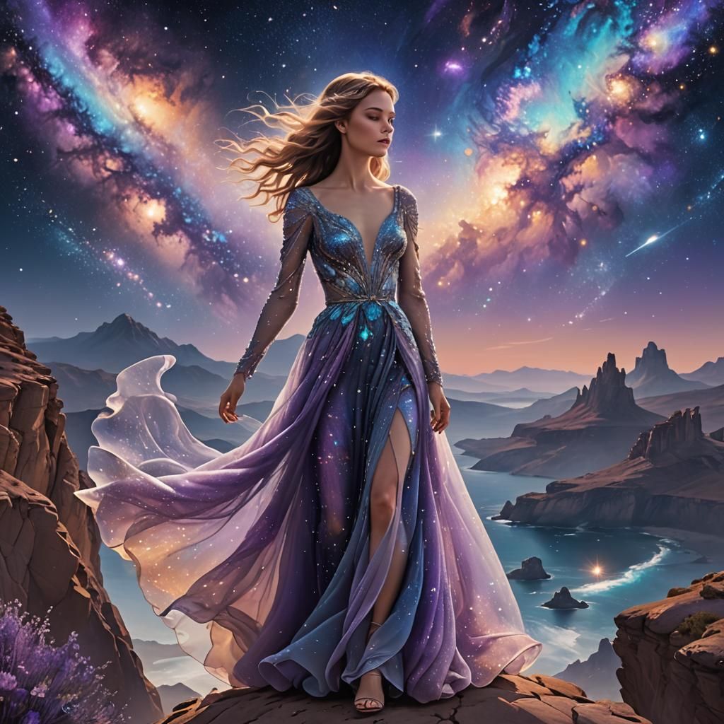 Woman Gazing at Galaxy in Dreamcore Style