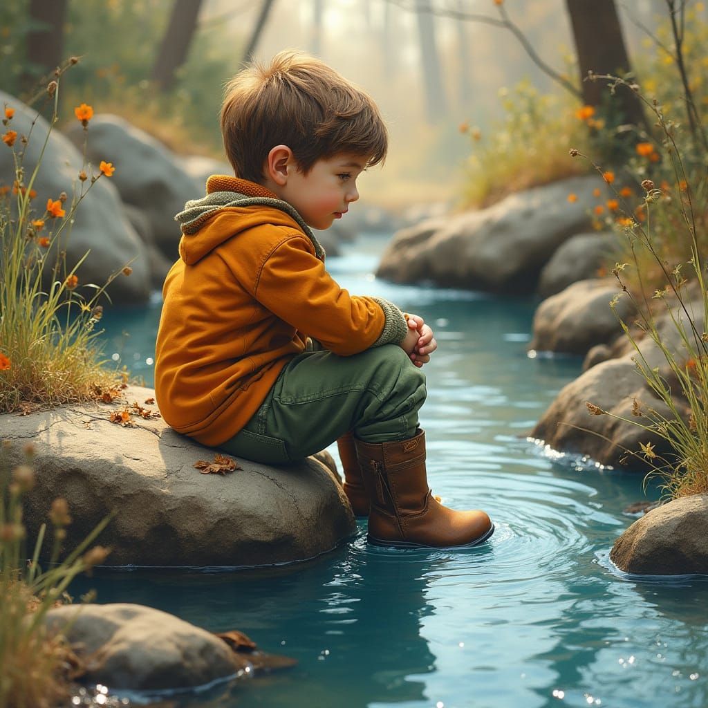 Boy by Blue Spring in Winter Clothes, Monet-Inspired Style