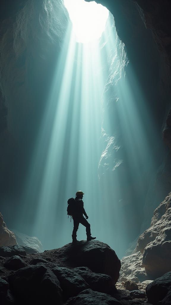 Adventurer in Immense Cavern with Divine Light Beams
