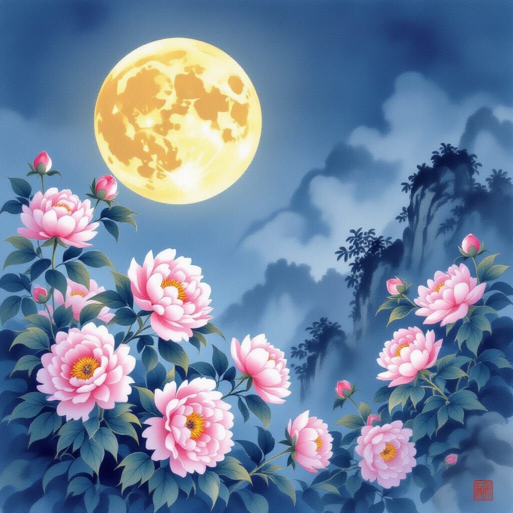 Mid-Autumn Festival Garden In Chinese Ink Wash Style